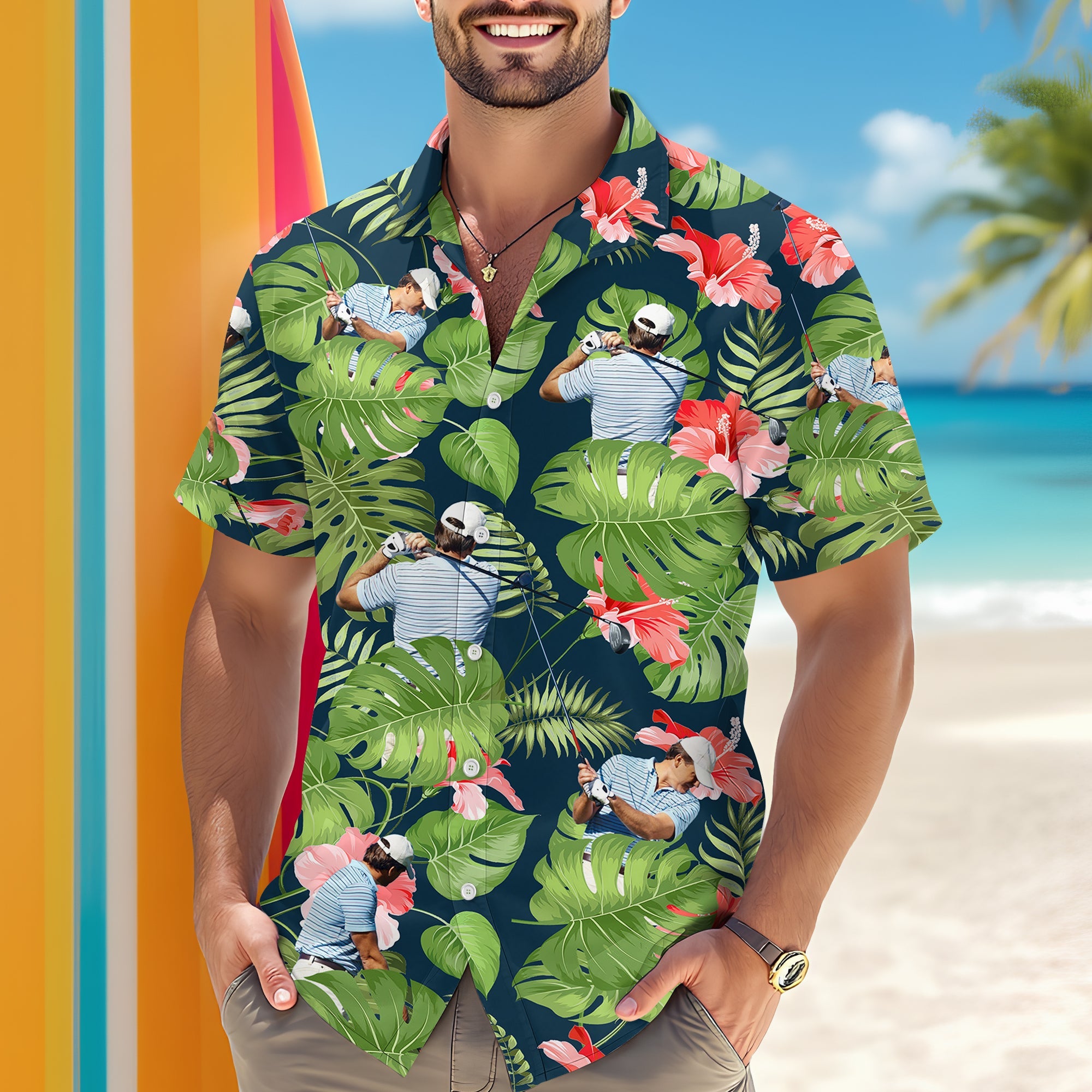 Custom Funny Golfer Face Tropical Hawaiian Shirt - Personalized Gift For Golfer Secondary image