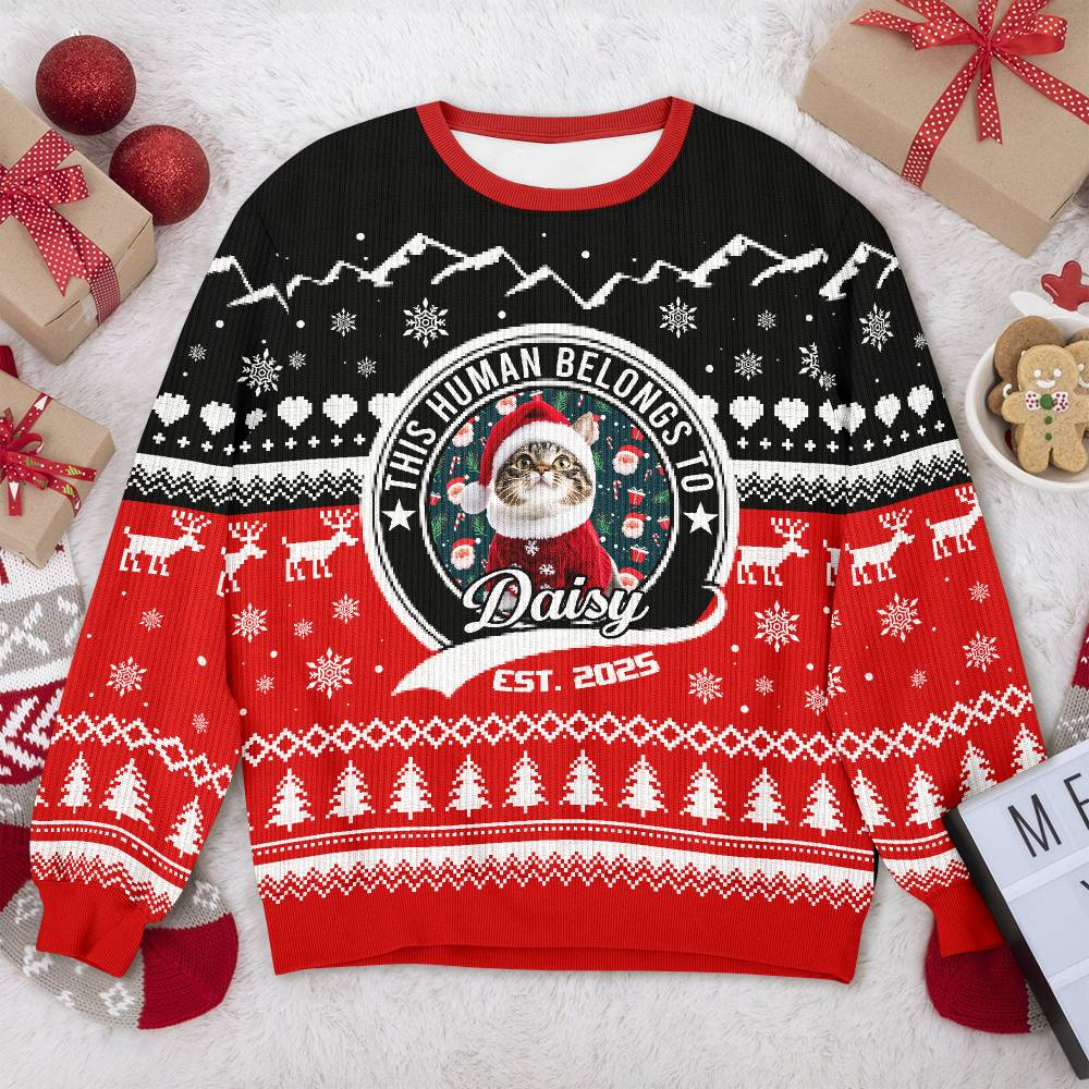 Custom Photo Human Belongs To Cat - Ugly Christmas Sweater For Pet Lovers