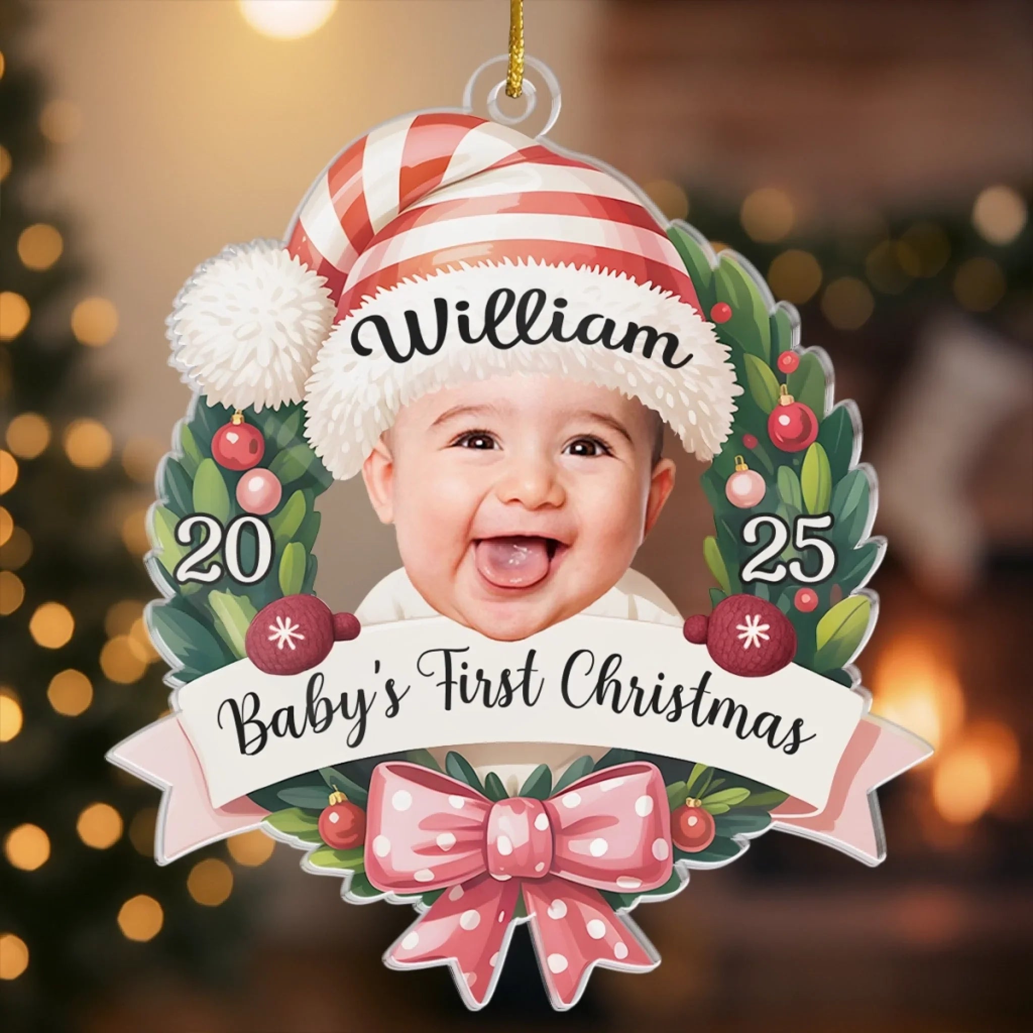 Custom Photo Baby Acrylic Ornament - Santa's Cutest Helper | First Christmas Gift Main image