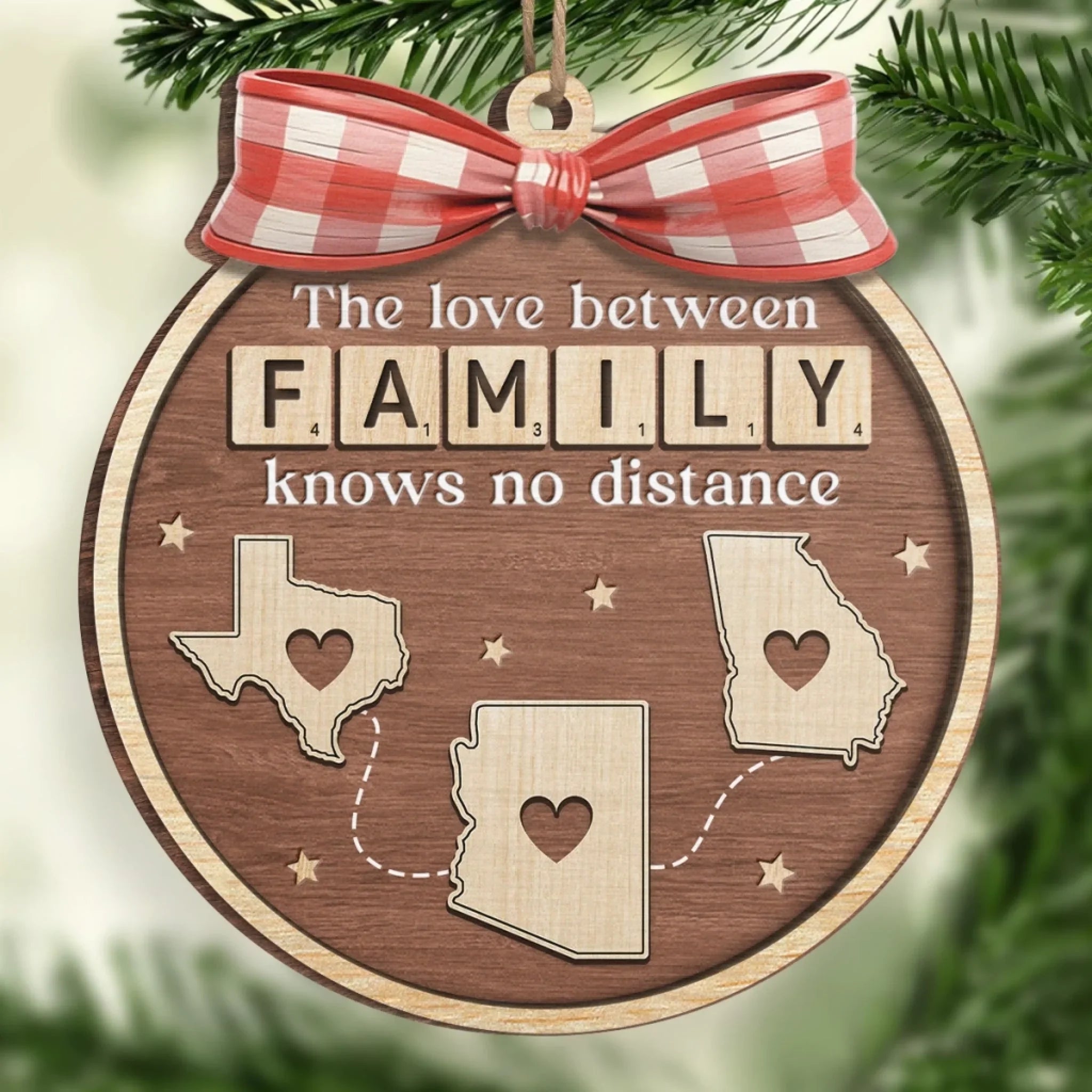 Custom Long Distance Wood Ornament - Family Ties Know No Miles | Personalized Gift