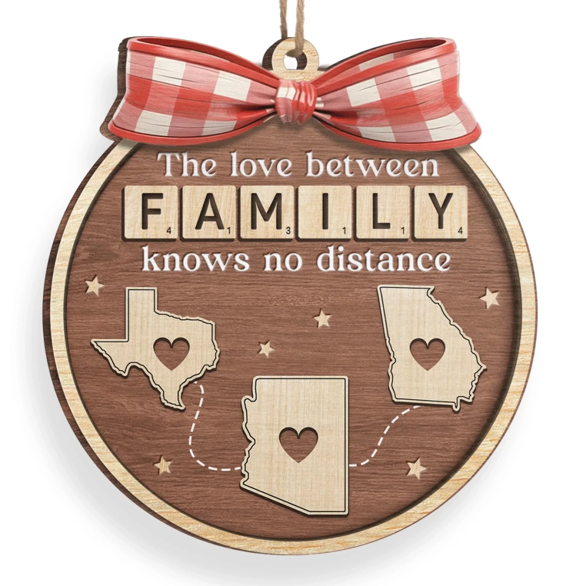 Custom Long Distance Wood Ornament - Family Ties Know No Miles | Personalized Gift
