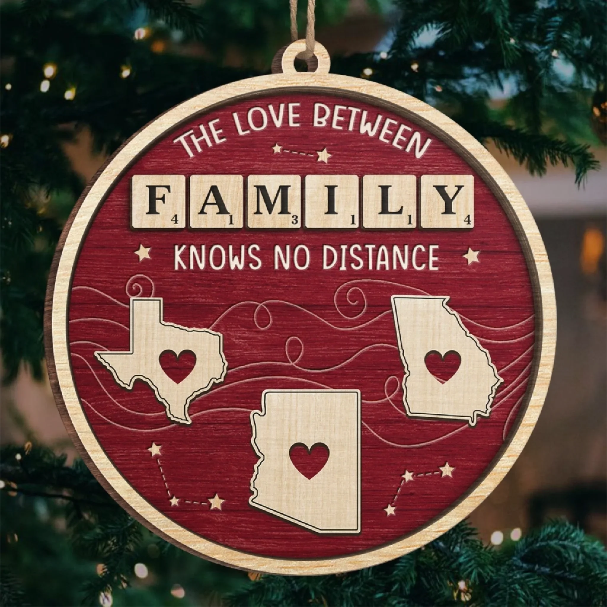 Custom Long Distance Wood Ornament - Hearts Across States Bound By Love | Personalized Gift Main image