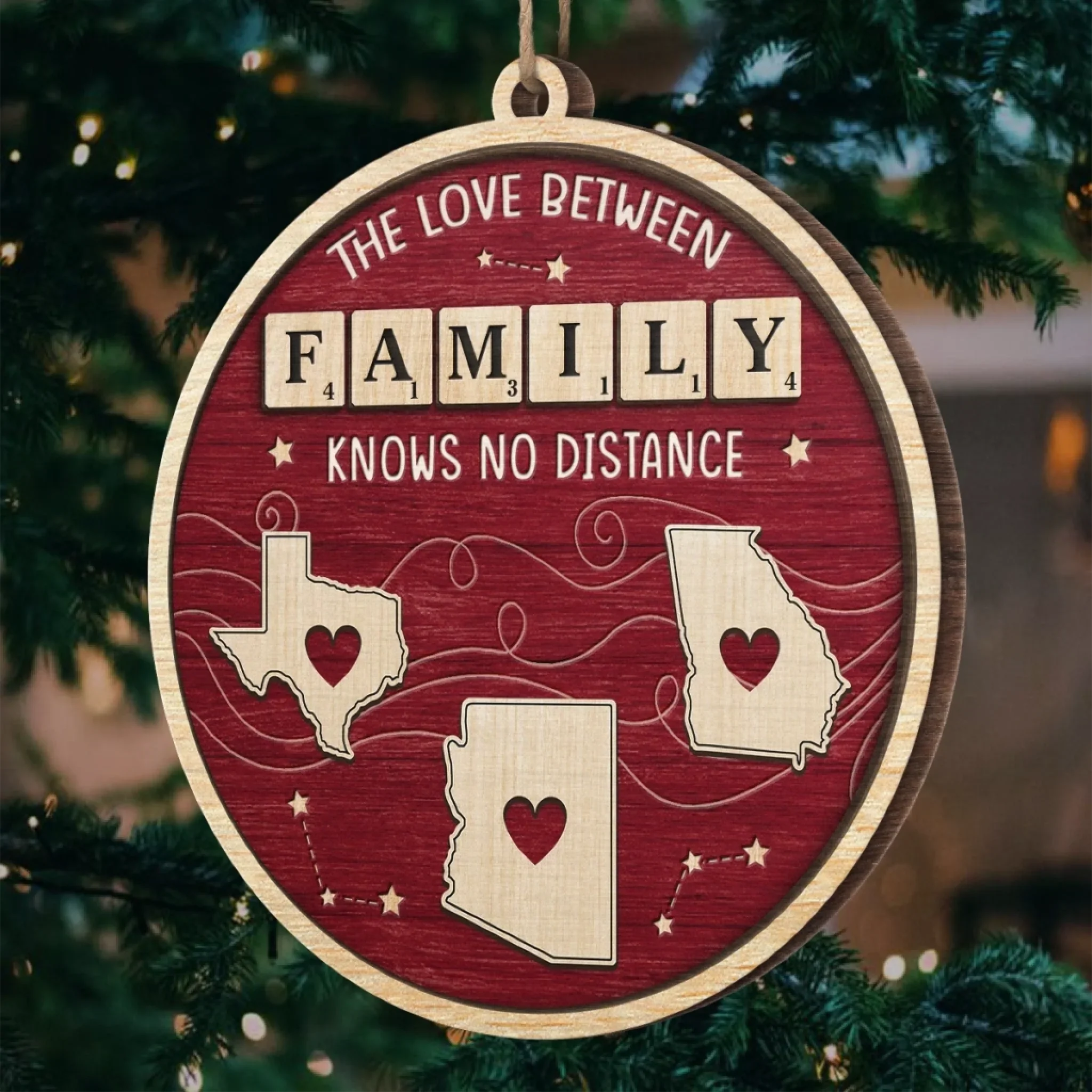 Custom Long Distance Wood Ornament - Hearts Across States Bound By Love | Personalized Gift