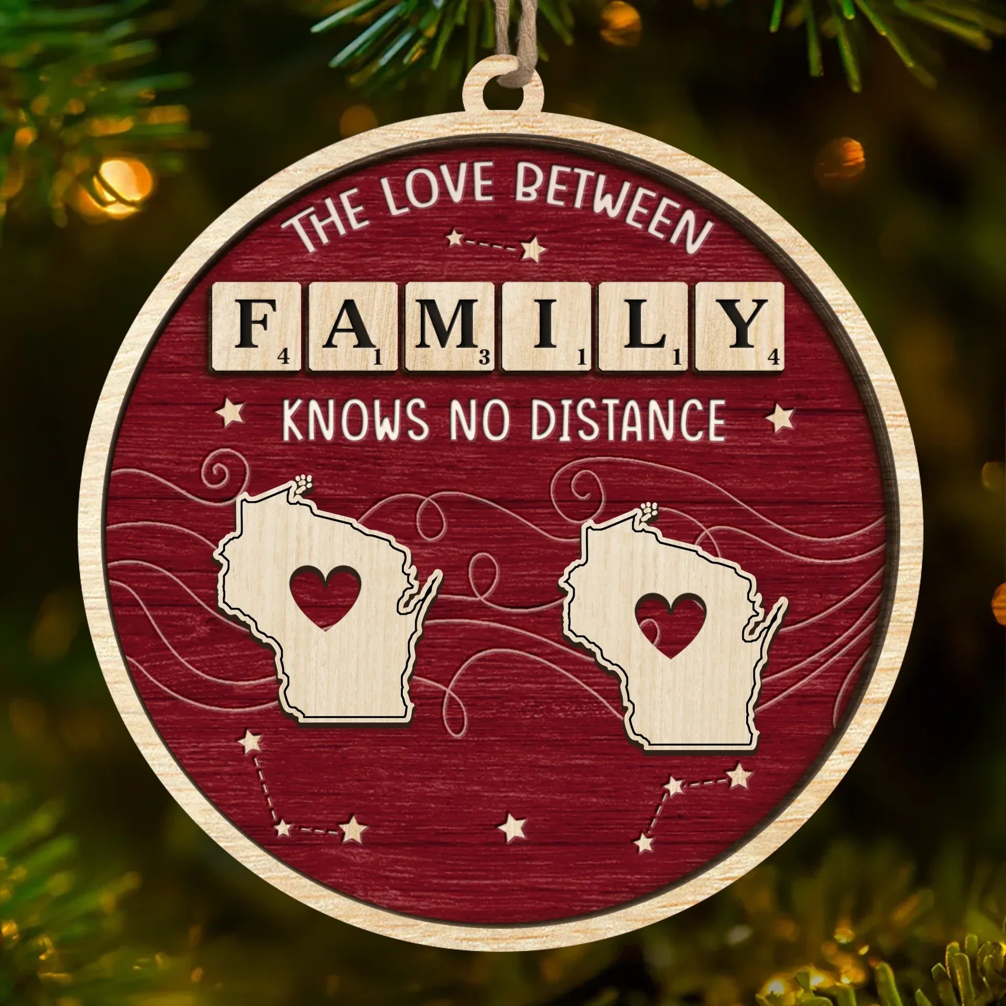 Custom Long Distance Wood Ornament - Hearts Across States Bound By Love | Personalized Gift