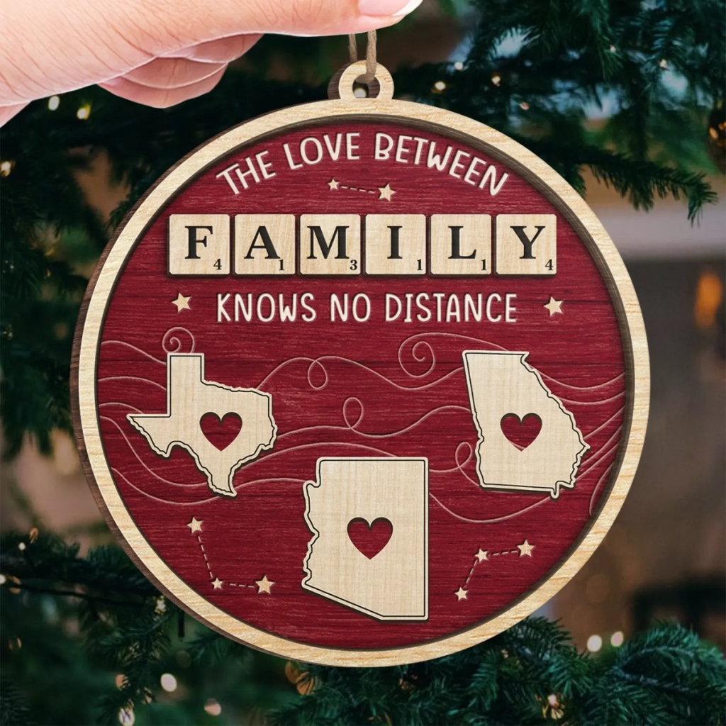 Custom Long Distance Wood Ornament - Hearts Across States Bound By Love | Personalized Gift