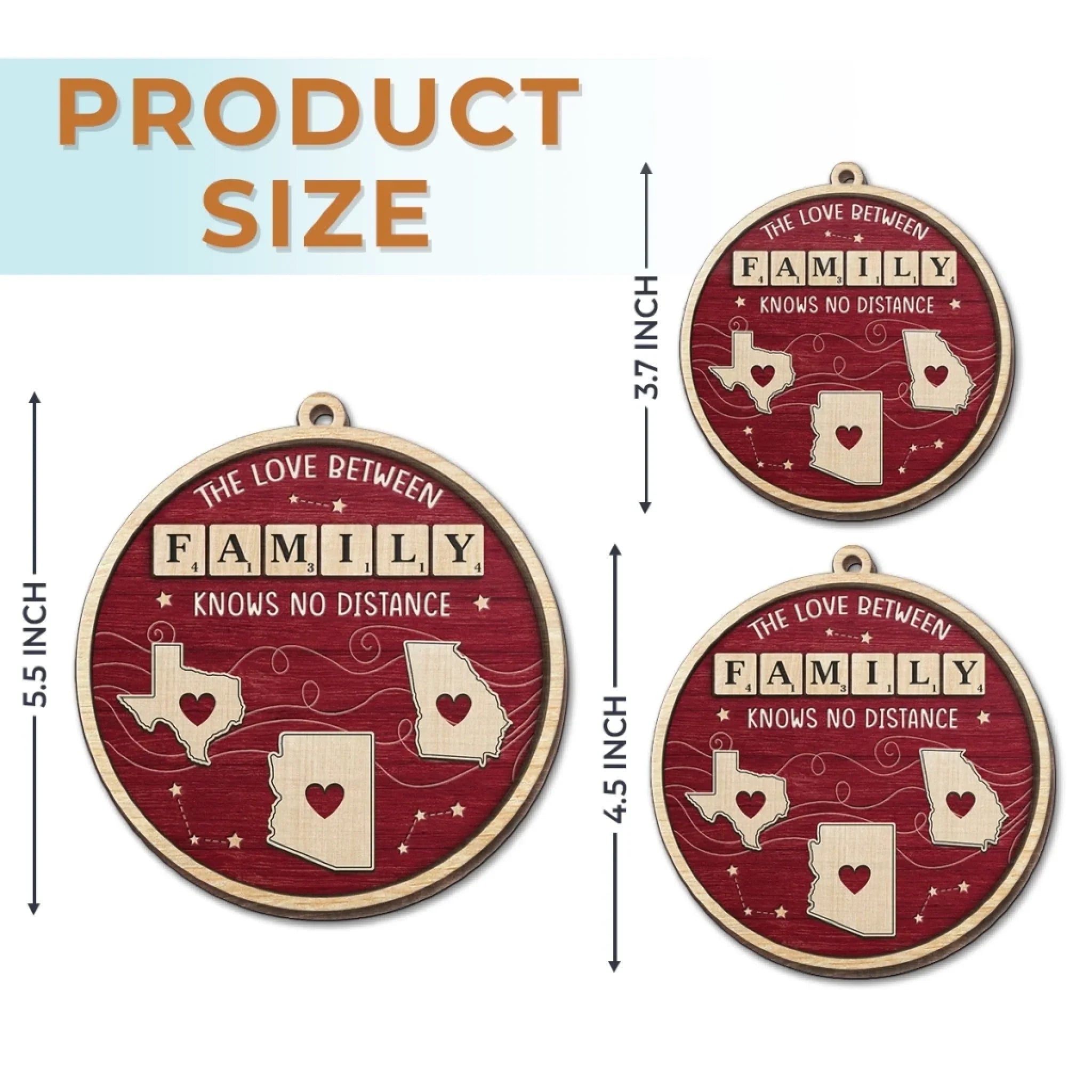 Custom Long Distance Wood Ornament - Hearts Across States Bound By Love | Personalized Gift