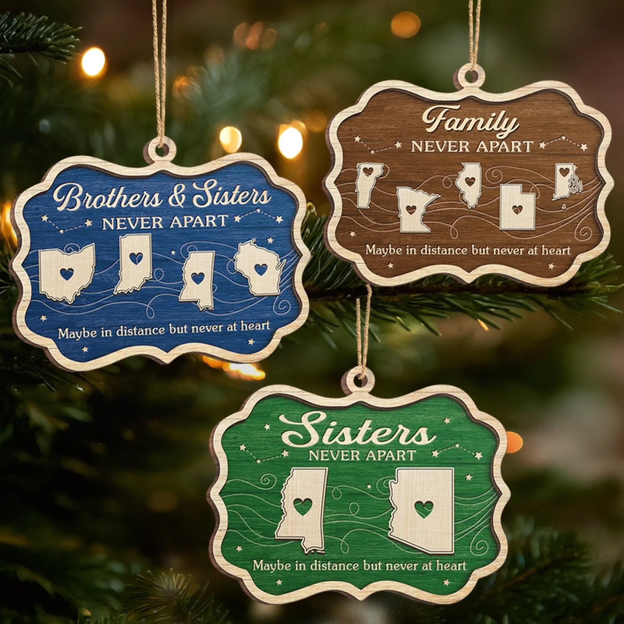 Custom Long Distance Wood Ornament - Sibling Love Knows No Borders | Personalized Gift