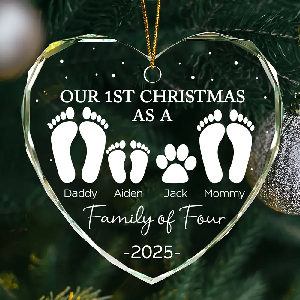 First Christmas As A Family Of Four Footprints - Personalized Heart Shaped Glass Ornament