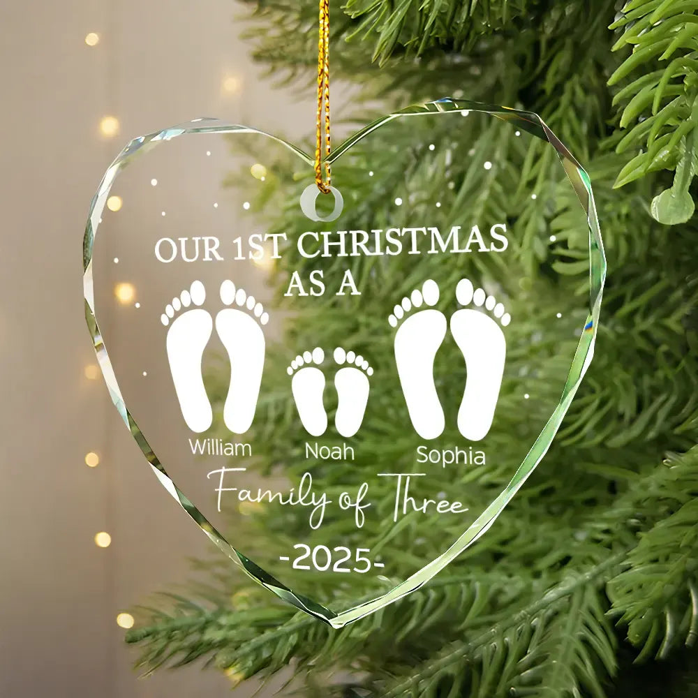 First Christmas As A Family Of Four Footprints - Personalized Heart Shaped Glass Ornament