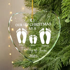 First Christmas As A Family Of Four Footprints - Personalized Heart Shaped Glass Ornament