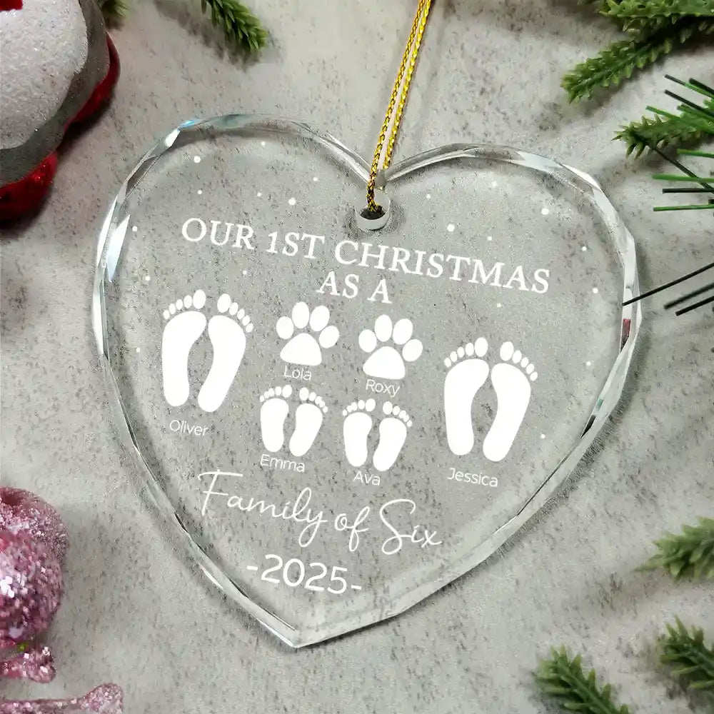 First Christmas As A Family Of Four Footprints - Personalized Heart Shaped Glass Ornament