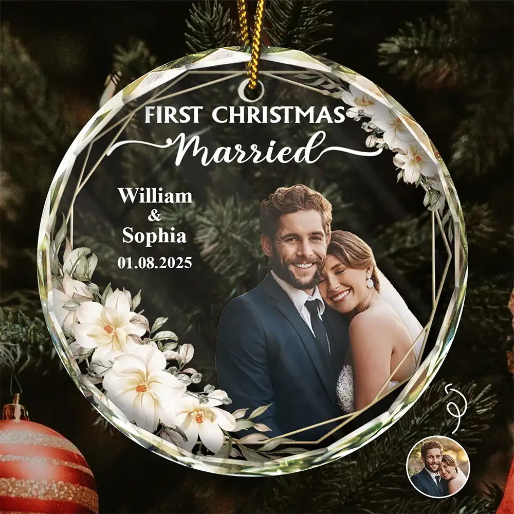 Custom Photo First Christmas Married - Personalized Glass Ornament Main image