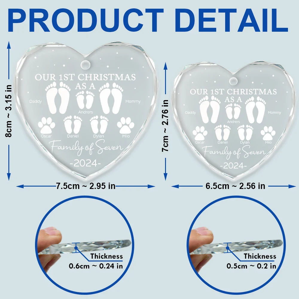 First Christmas As A Family Of Four Footprints - Personalized Heart Shaped Glass Ornament