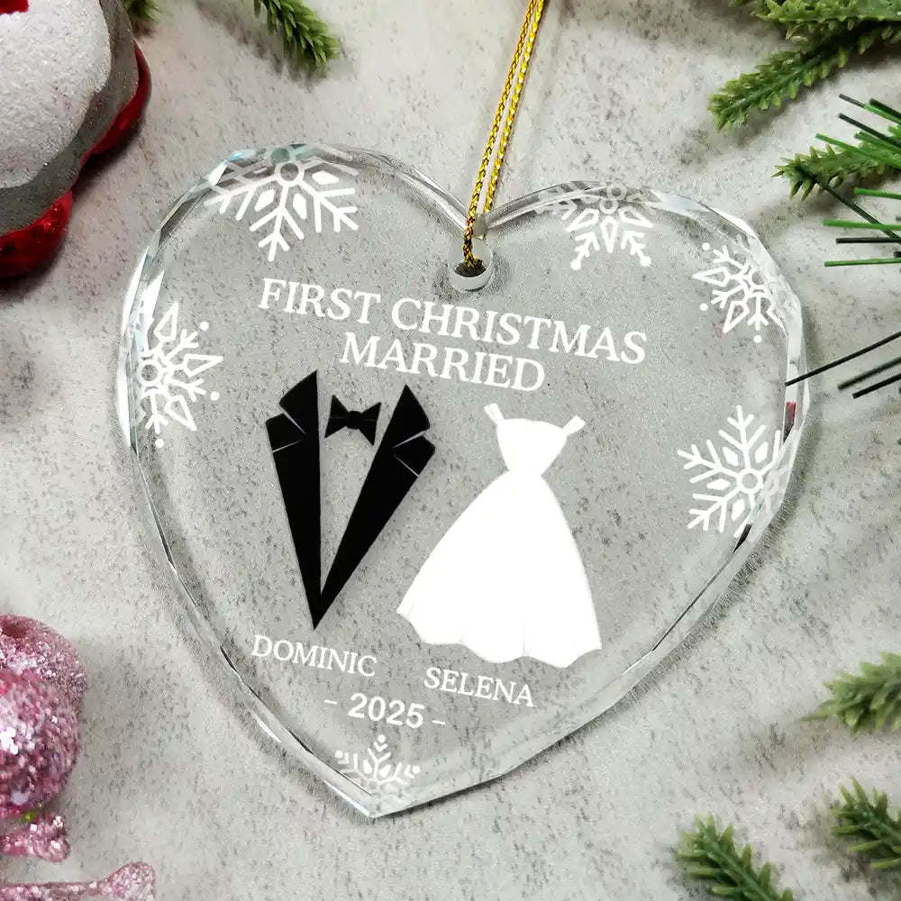 First Christmas As Married Couples - Personalized Heart Shaped Glass Ornament