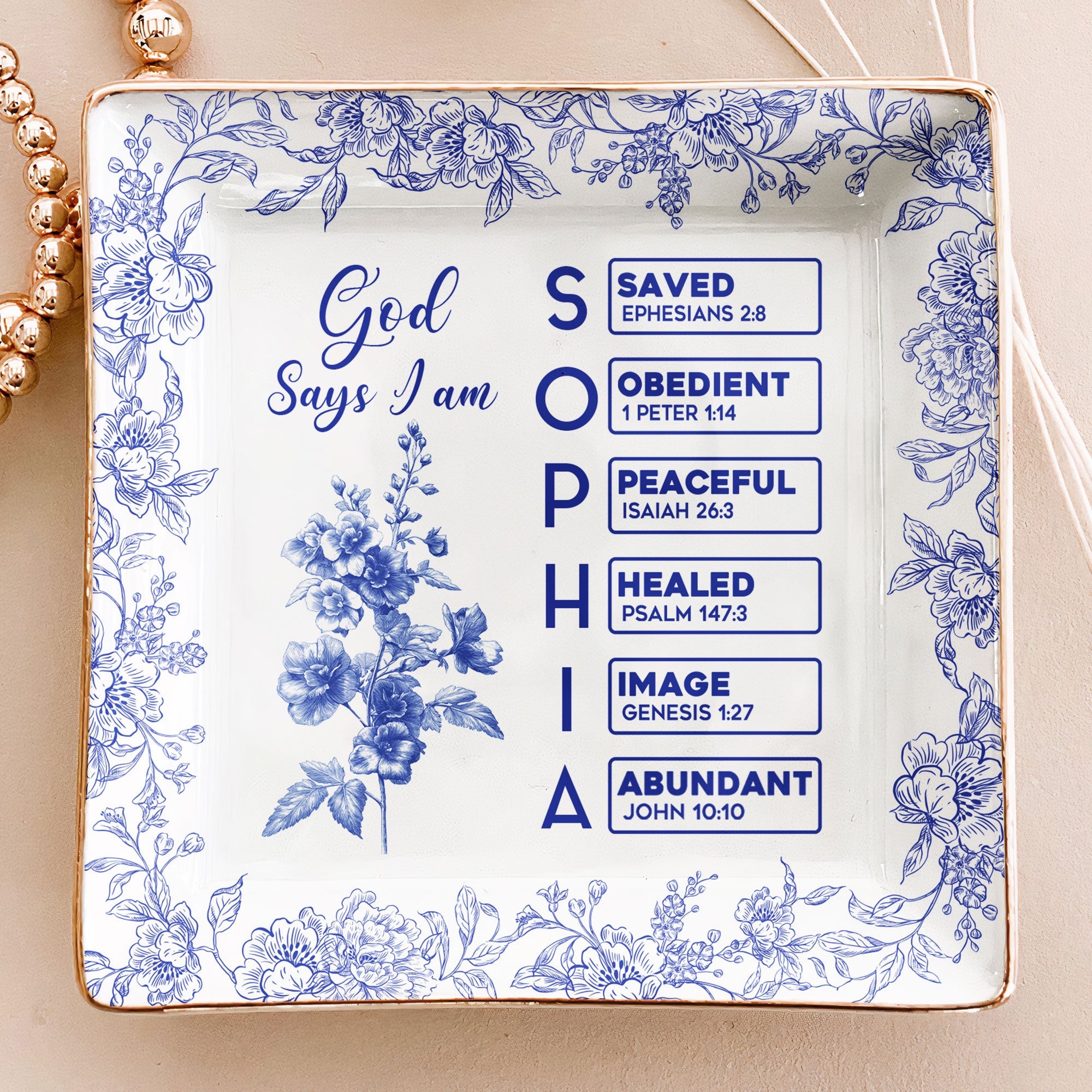 God Says I Am - Personalized Name Letter In Bible - Toile De Jouy Style Jewelry Dish Main image
