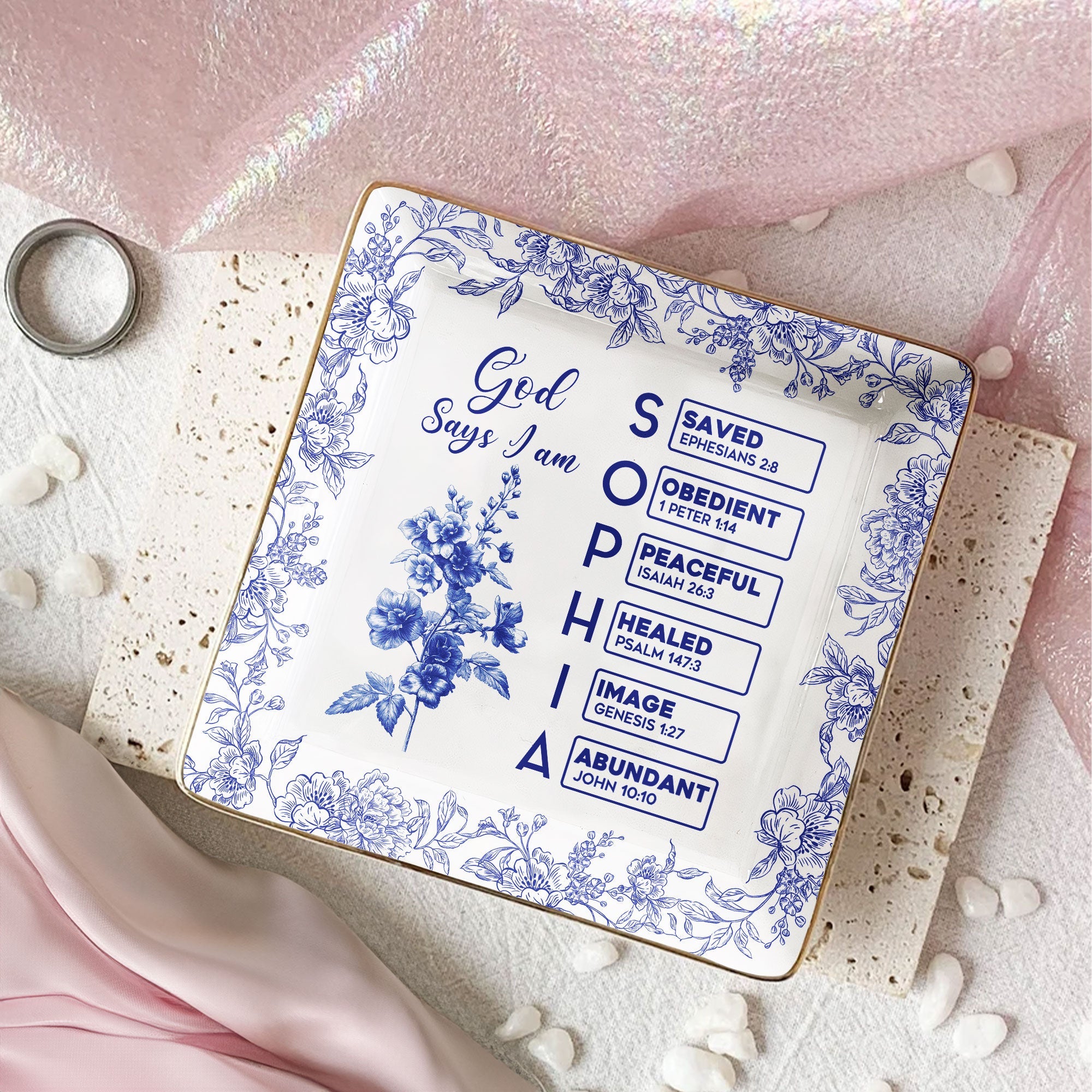 God Says I Am - Personalized Name Letter In Bible - Toile De Jouy Style Jewelry Dish