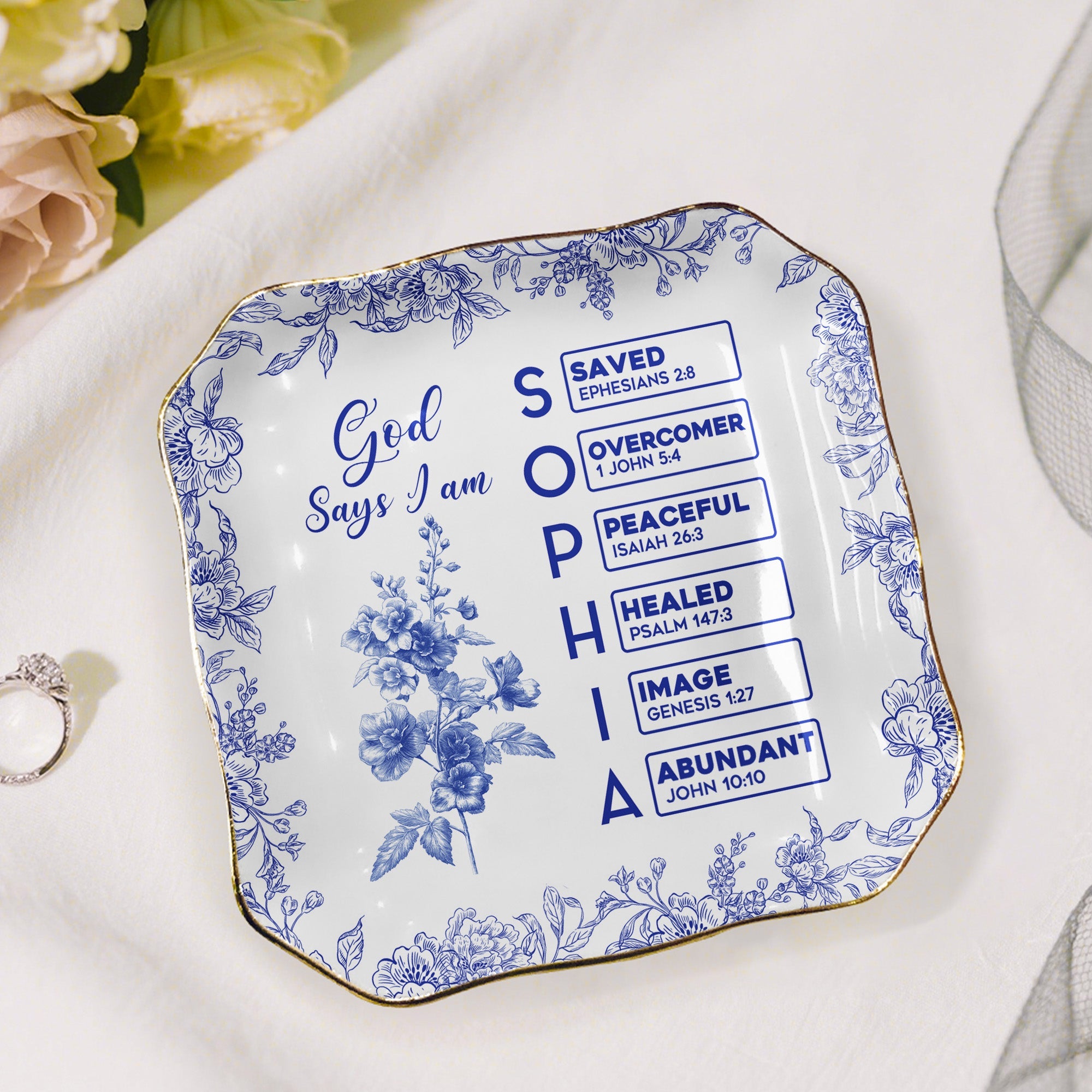 God Says I Am - Personalized Name Letter In Bible - Toile De Jouy Style Jewelry Dish Secondary image