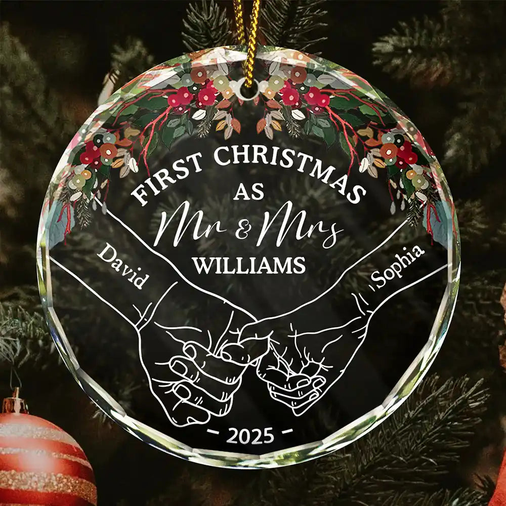 Holding Hands First Christmas Couple - Personalized Circle Glass Ornament Main image