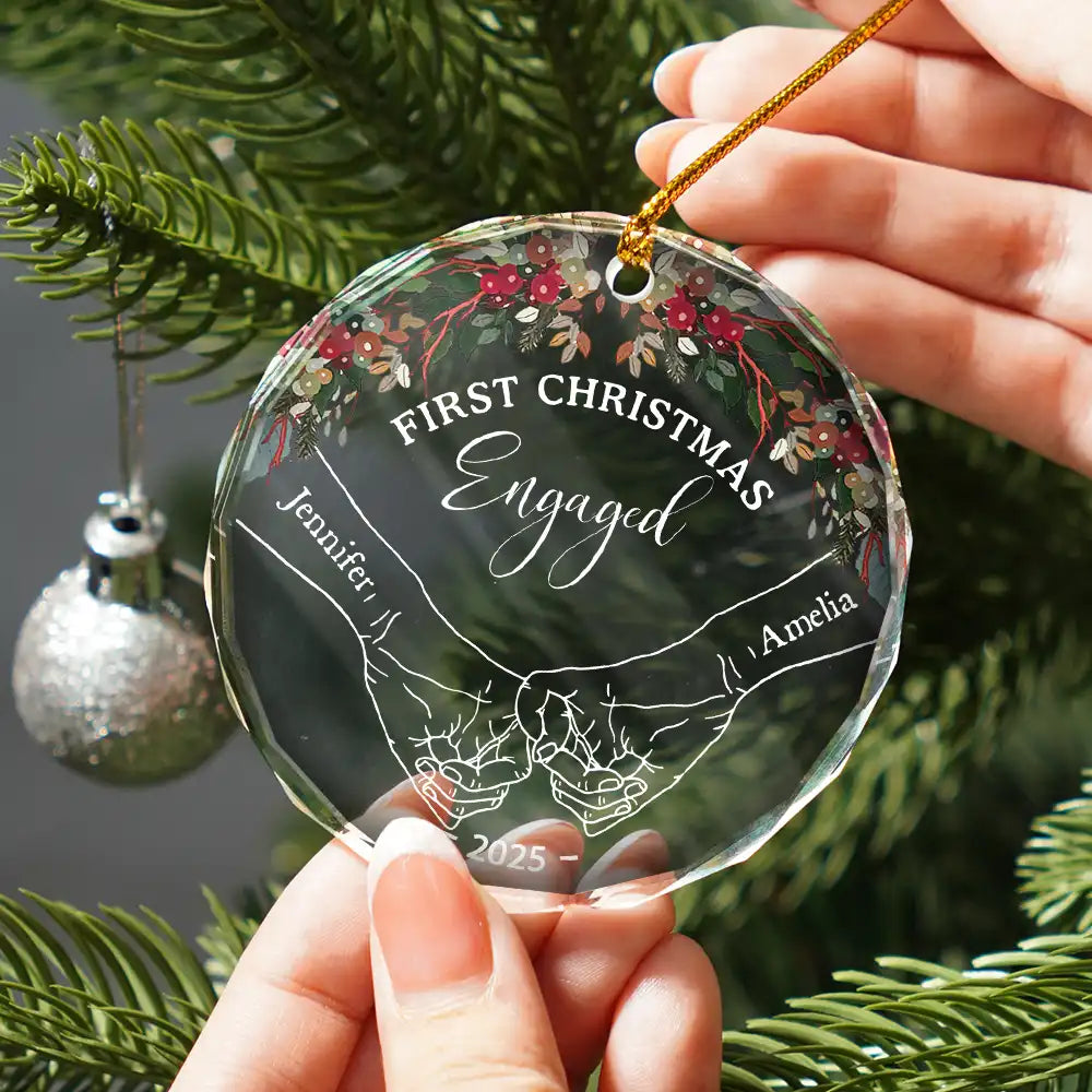Holding Hands First Christmas Couple - Personalized Circle Glass Ornament Secondary image