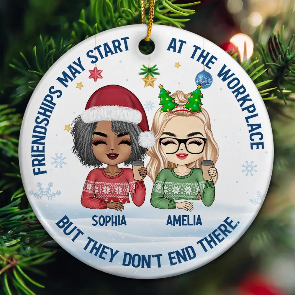 Friendships May Start At The Workplace Christmas Colleagues Chibi - Personalized Circle Ceramic Ornament Main image