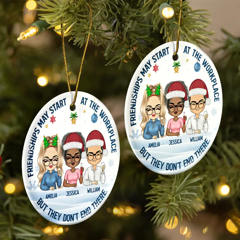 Friendships May Start At The Workplace Christmas Colleagues Chibi - Personalized Circle Ceramic Ornament Secondary image