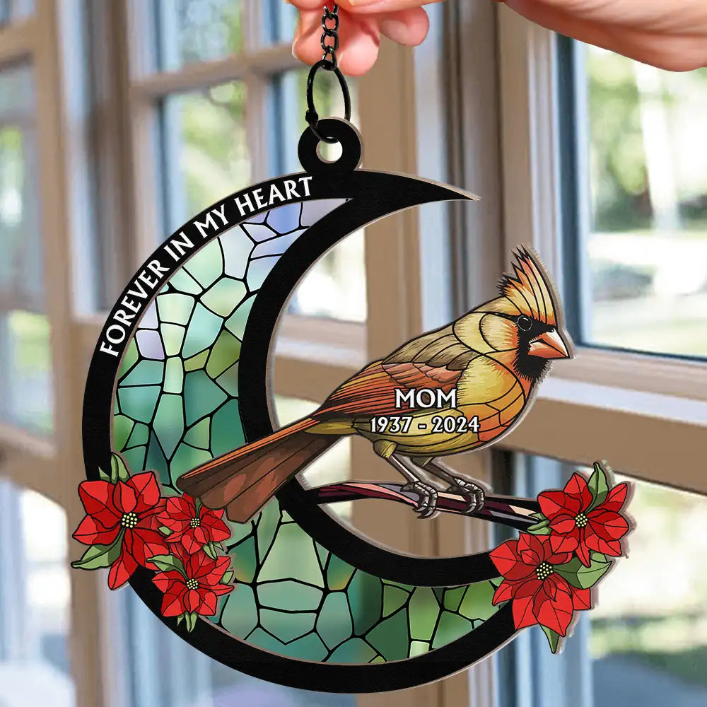 Memorial Cardinal Stained Glass Moon - Personalized Window Hanging Suncatcher Ornament Secondary image