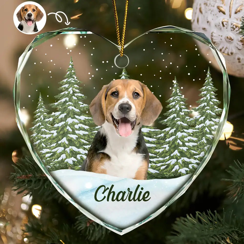 Custom Photo Pet Face Dog Cat Memorial - Personalized Heart Shaped Glass Ornament Main image