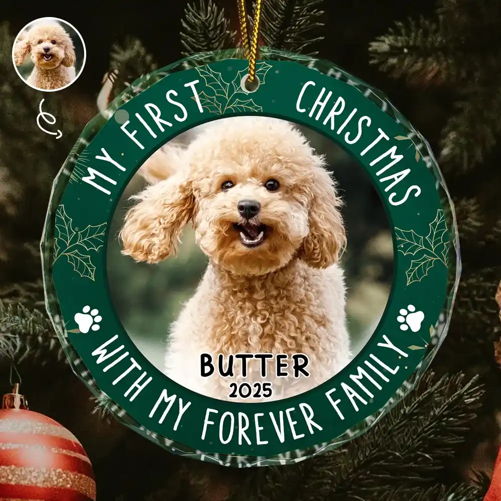 Custom Photo First Christmas Pet Lovers - Personalized Circle Glass Ornament