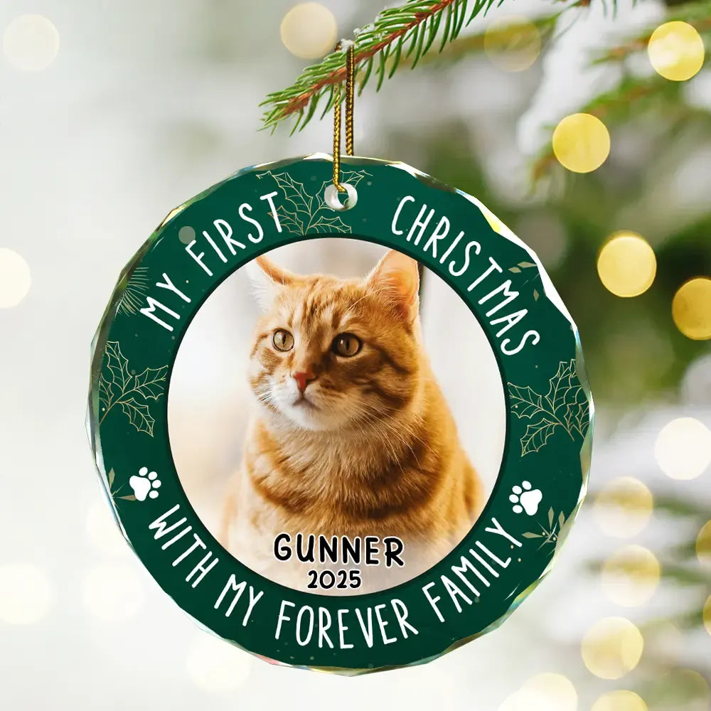 Custom Photo First Christmas Pet Lovers - Personalized Circle Glass Ornament Secondary image