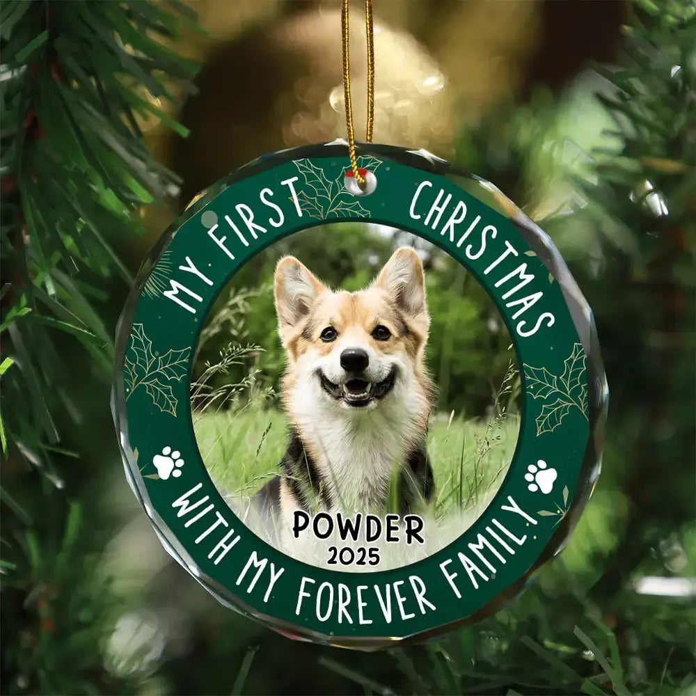Custom Photo First Christmas Pet Lovers - Personalized Circle Glass Ornament