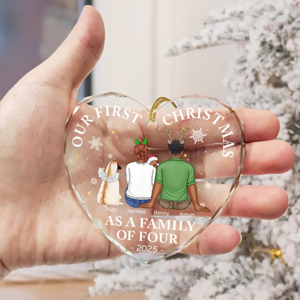 First Christmas As A Family Of Three New Parents - Personalized Heart Shaped Glass Ornament