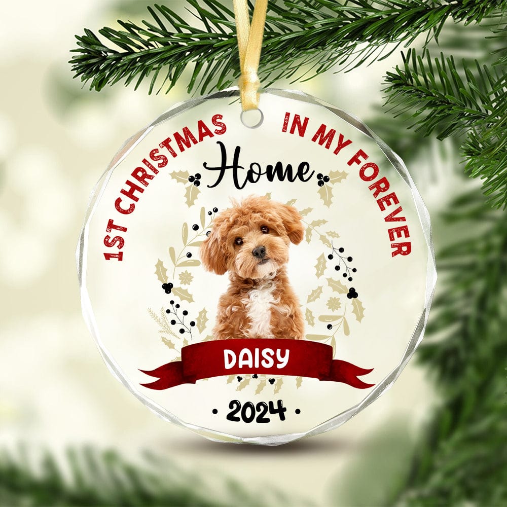 Custom Photo First Christmas In My Forever Home - Dog Glass Ornament Main image
