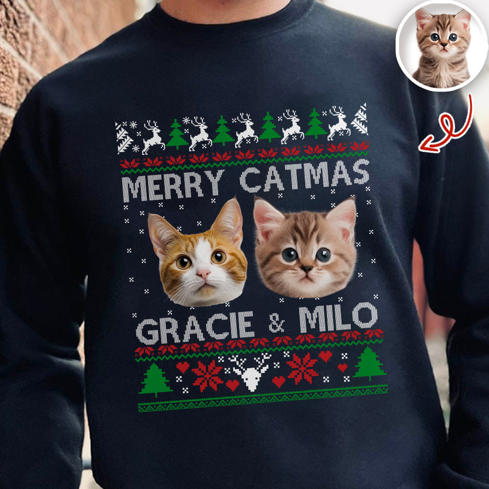 Custom Cat Photo Ugly Christmas Sweatshirt - Personalized Cat Lover Gift