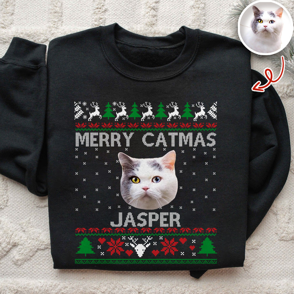 Custom Cat Photo Ugly Christmas Sweatshirt - Personalized Cat Lover Gift