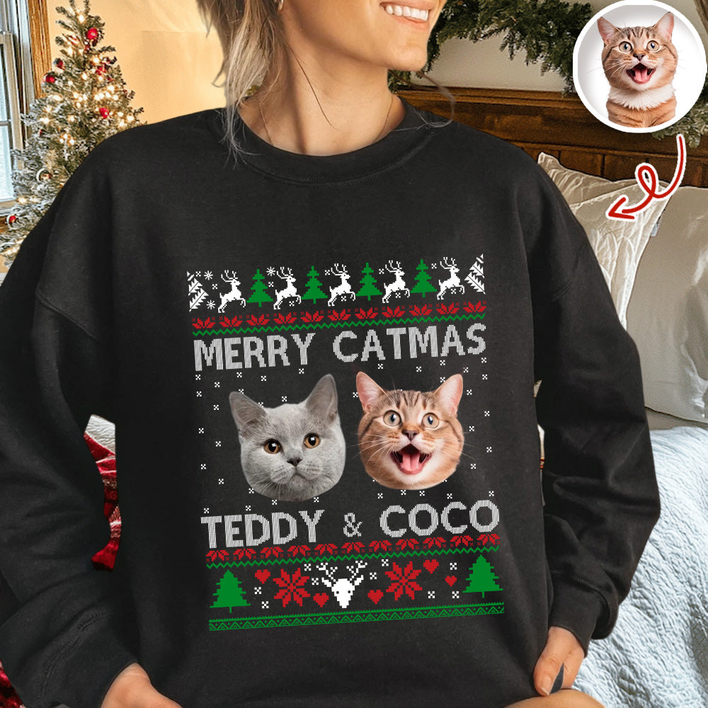 Custom Cat Photo Ugly Christmas Sweatshirt - Personalized Cat Lover Gift