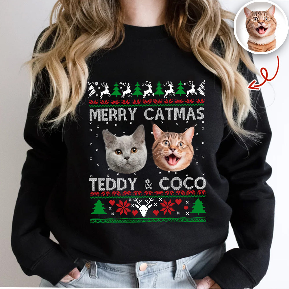 Custom Cat Photo Ugly Christmas Sweatshirt - Personalized Cat Lover Gift