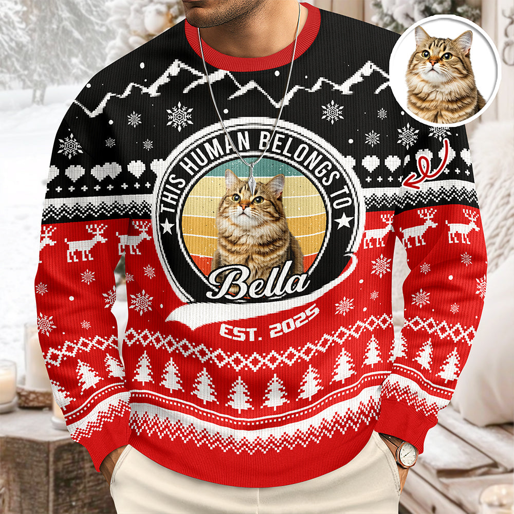 Custom Photo Human Belongs To Cat - Ugly Christmas Sweater For Pet Lovers