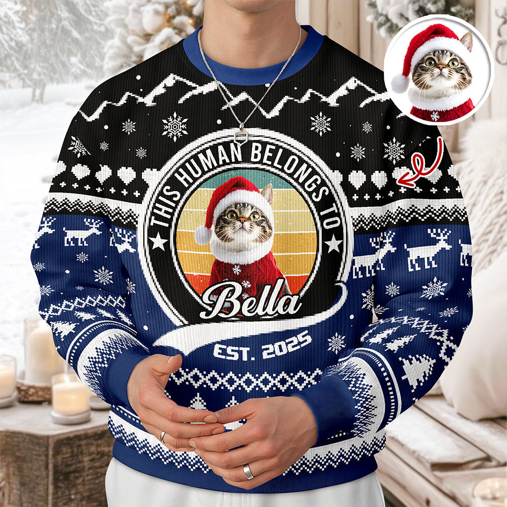 Custom Photo Human Belongs To Cat - Ugly Christmas Sweater For Pet Lovers
