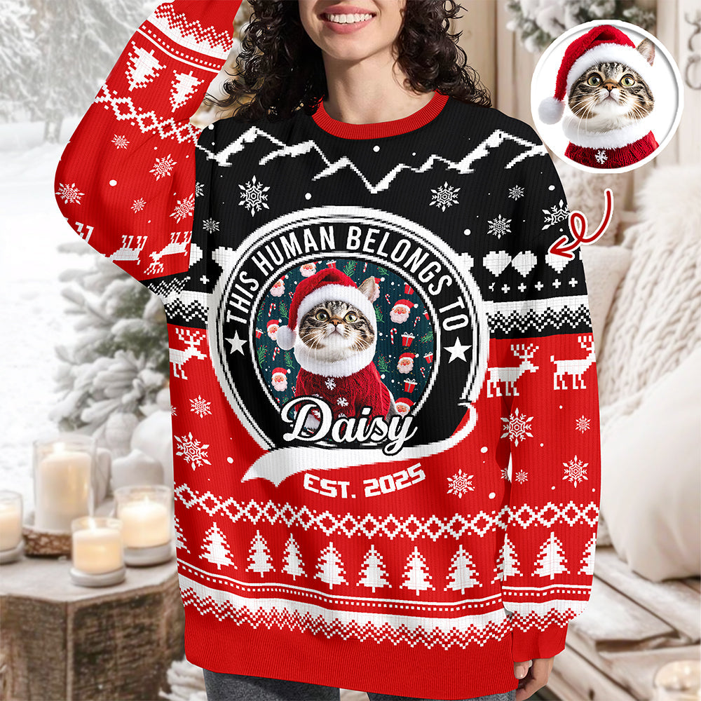 Custom Photo Human Belongs To Cat - Ugly Christmas Sweater For Pet Lovers Secondary image