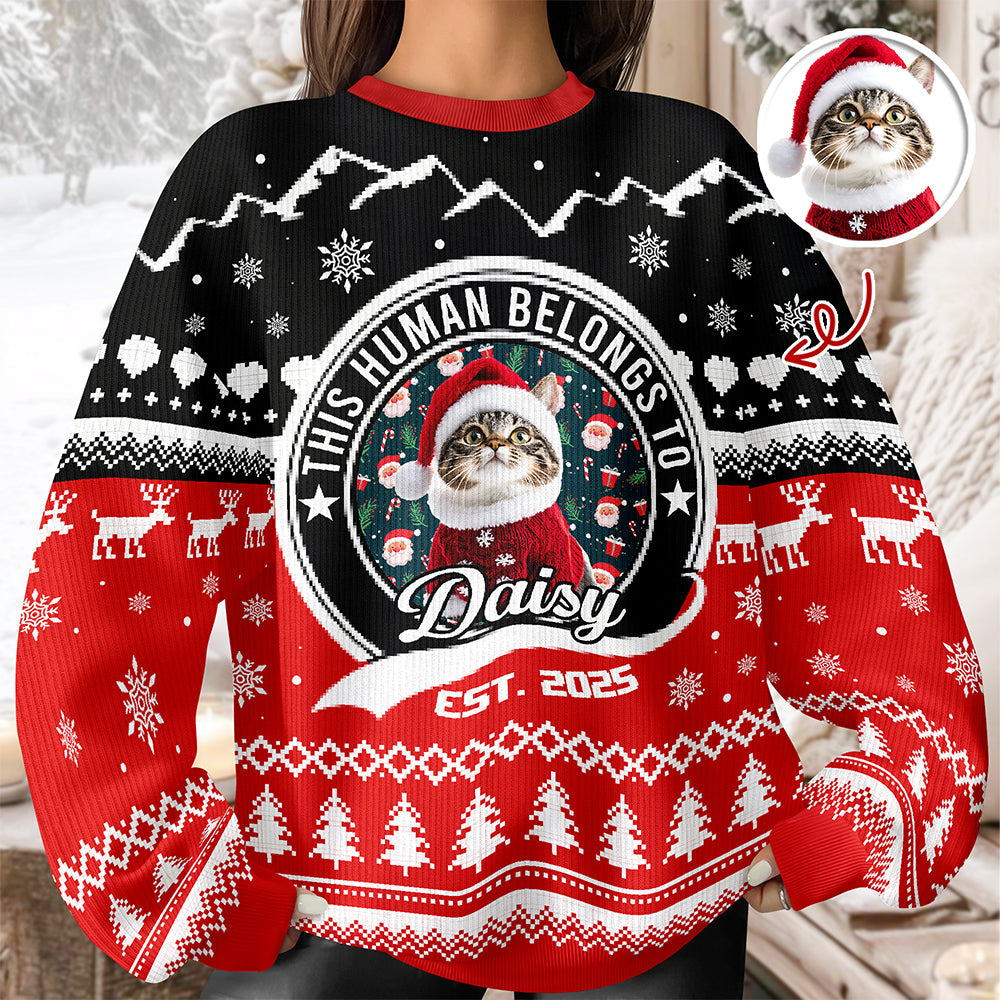 Custom Photo Human Belongs To Cat - Ugly Christmas Sweater For Pet Lovers