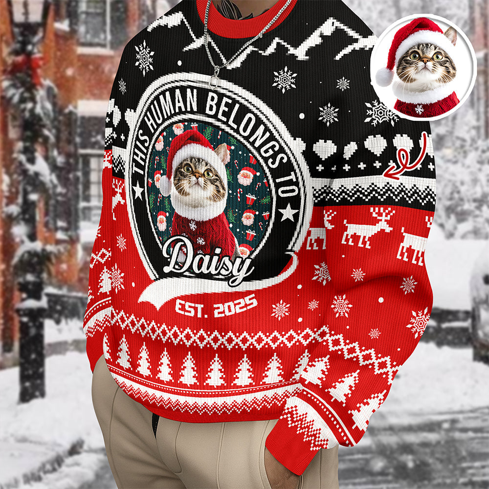Custom Photo Human Belongs To Cat - Ugly Christmas Sweater For Pet Lovers