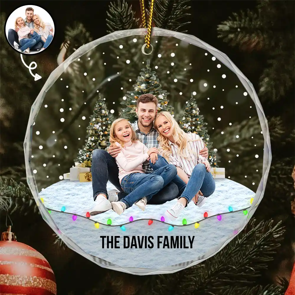 Custom Photo Family Friends Snow - Personalized Circle Glass Ornament Main image